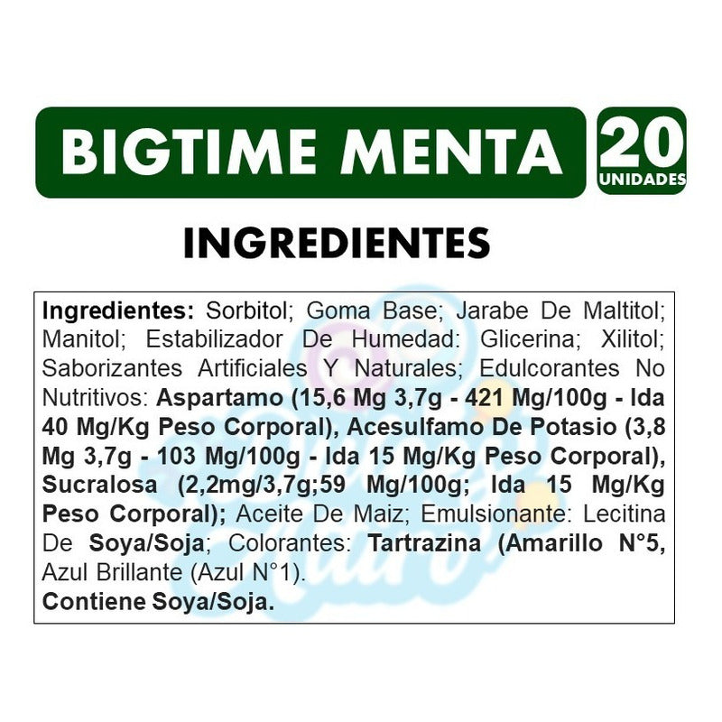 Chicle Bigtime Menta Display 20 Unidades 11gr