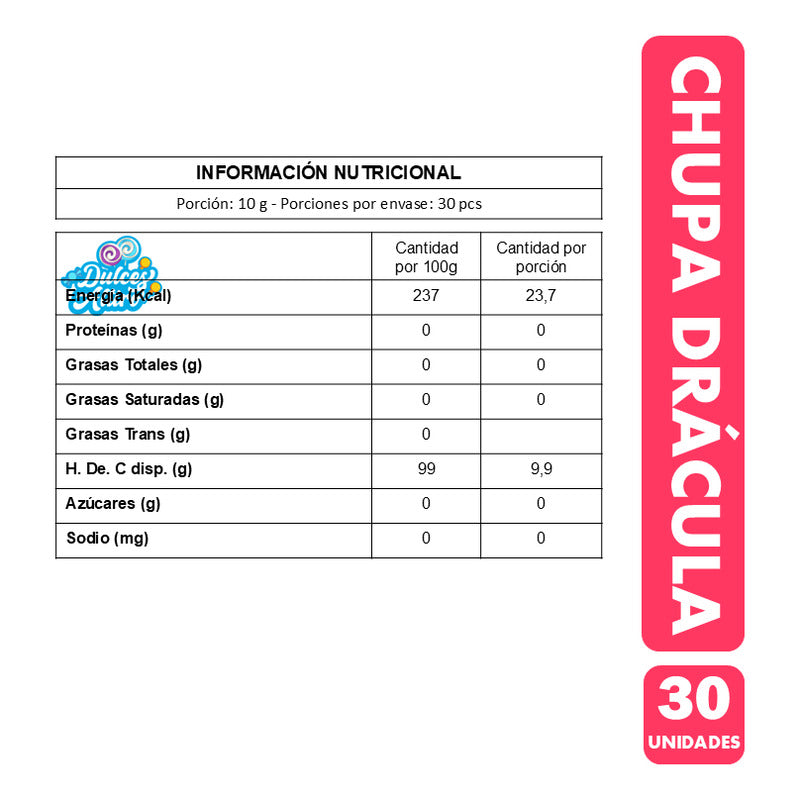 Dulces Para Halloween - Chupa Drácula Sin Azúcar (30 Uni)