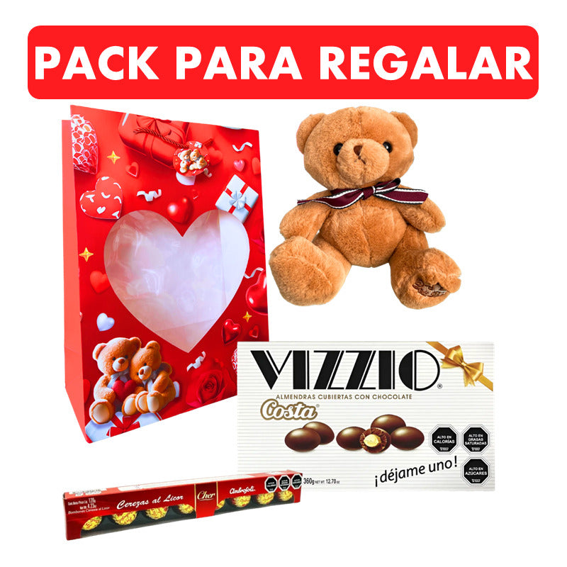 Pack Oso De Peluche + Vizzio + Cerezas Al Cognac + Bolsa