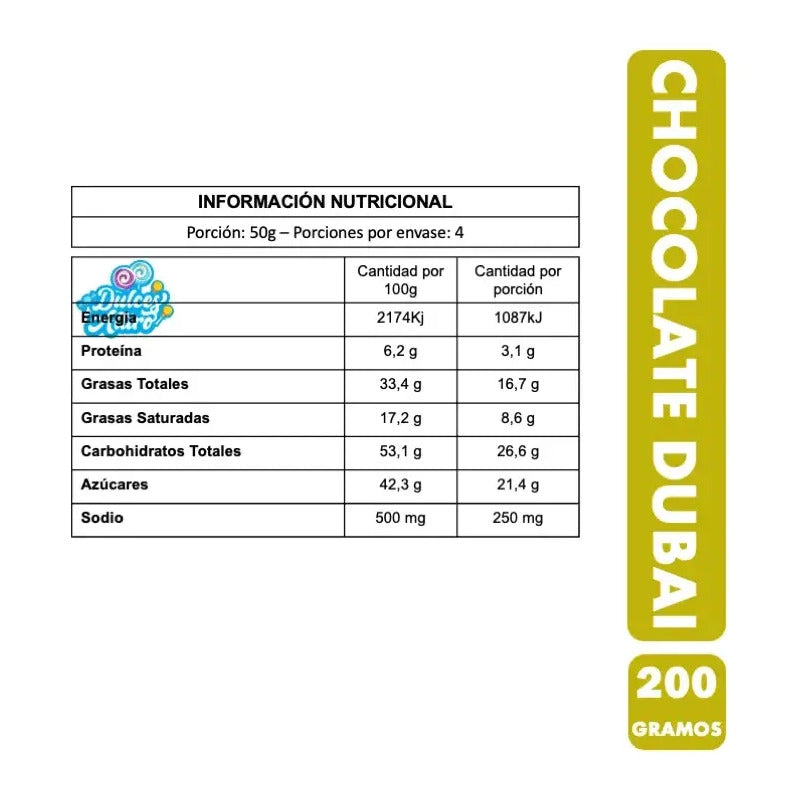 Chocolate Dubai Con Pistacho Y Kadayif Barra 200 Gramos