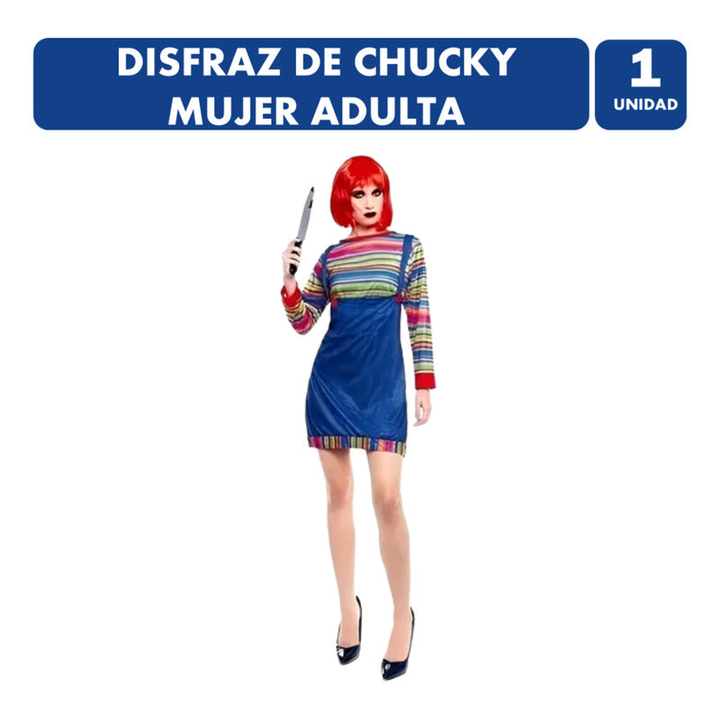 Disfraz Traje Mujer Muñeco Diabolico Con Rayas Adulto Loca Azul L