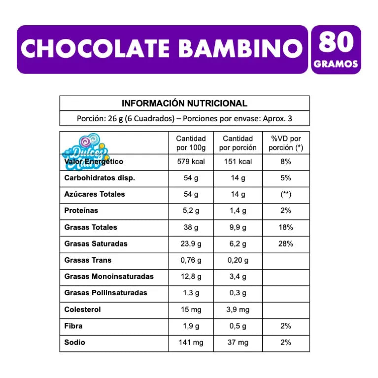 Chocolate De Leche Bambino De Costa (barra De 80 Gramos)