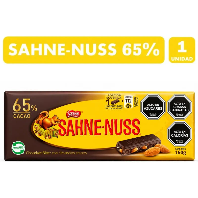 Barra De Chocolate Sahne Nuss 65% Cacao De Nestlé (160g)