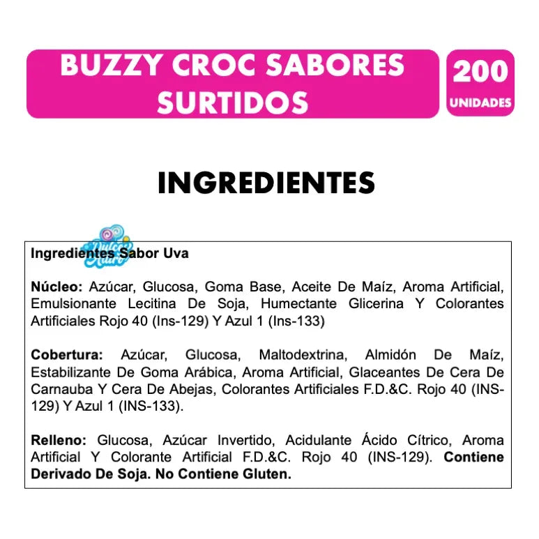 Chicles Sabores Surtidos Buzzy Croc Con Centro Líquido 200un