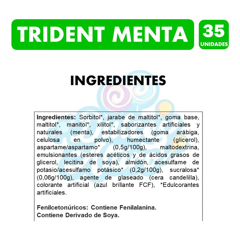 Trident Frasco Azul- Sabor Menta Sin Azúcar(frasco Con 35un)