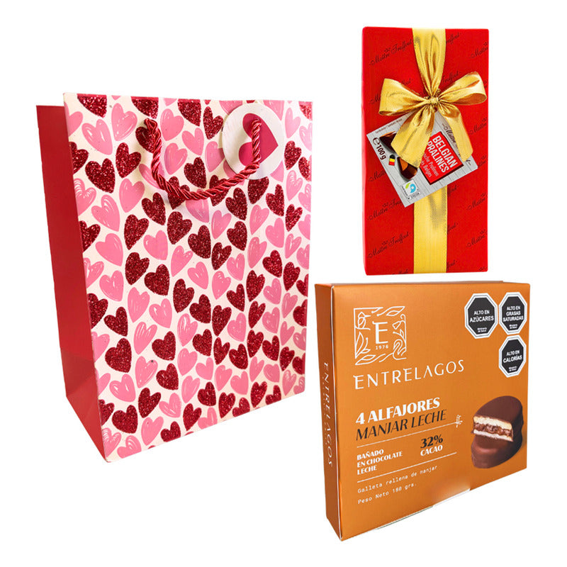 Pack Alfajor Manjar Entrelagos + Pralinés (caja Roja) +bolsa