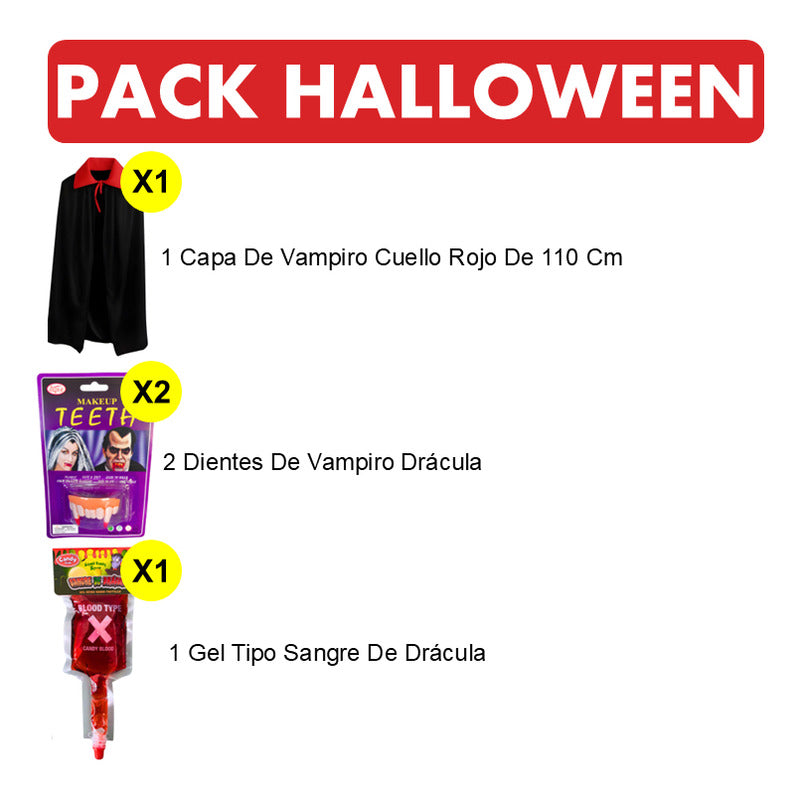 Pack Especial Halloween Capa Vampiro+dientes+gel Tipo Sangre
