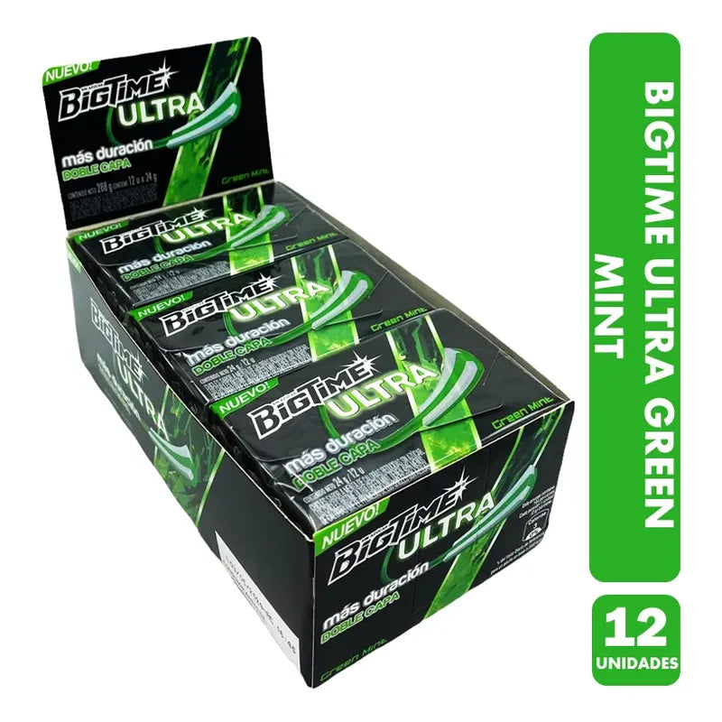 Chicle Bigtime Ultra Green Mint Sin Azúcar (caja 12 Uni)