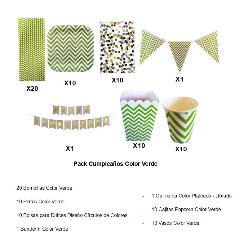 Pack Cumpleaños Color Verde - Adornos Accesorios Decoración