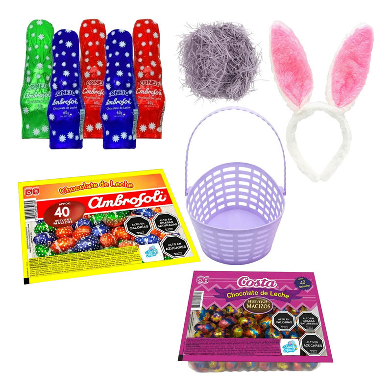 Pack Huevos Y Conejitos De Pascua + Canasta  Papel Y Orejas