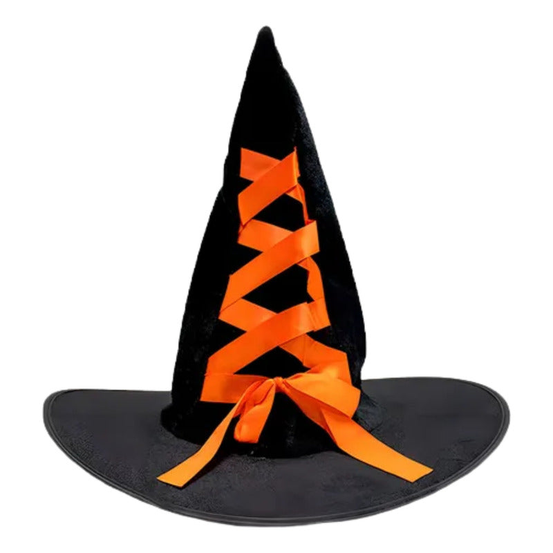Sombrero De Bruja Terciopelo Con Detalle Naranjo Halloween Negro Estandar