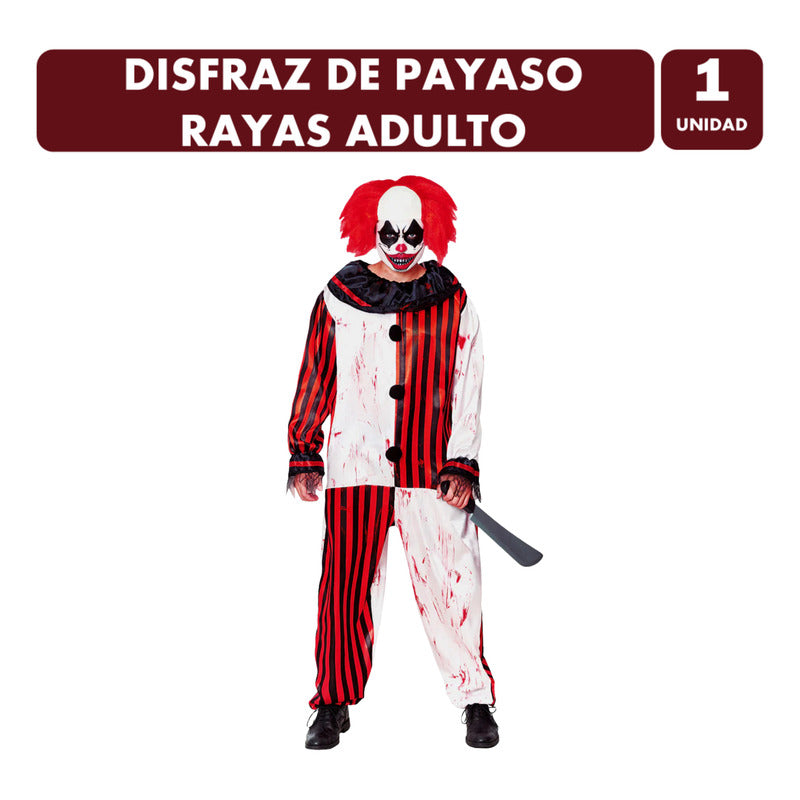 Disfraz Payaso Rayas Asesino Adulto Hombre Halloween Rojo M