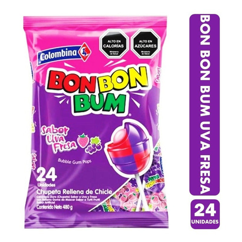 Caramelo Bon Bon Bum Uva Fresa (bolsa Con 24 Unidades)