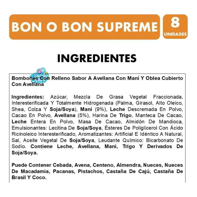 Bombones Bon O Bon Supreme Sabor Avellana Caja 8 Unidades