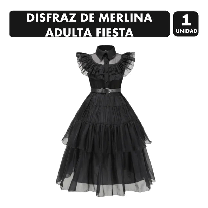 Disfraz Merlina Mujer Vestido Negro De Fiesta Con Cinturón M