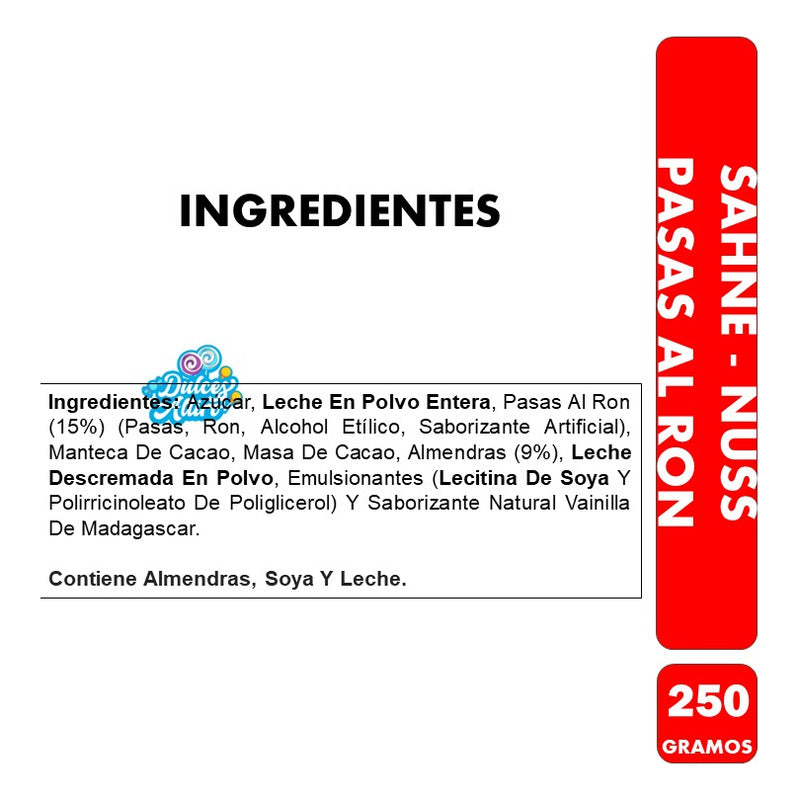 Sahne Nuss Pasas Al Ron - Tableta De Nestle (barra De 250gr)