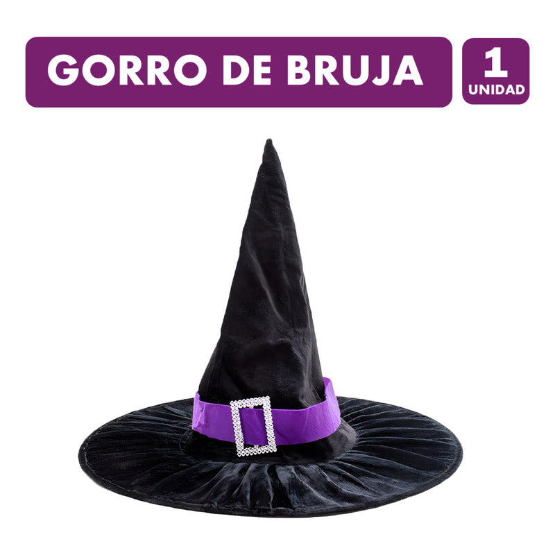 Sombrero De Bruja Terciopelo Con Detalle Morado Halloween Negro Estandar