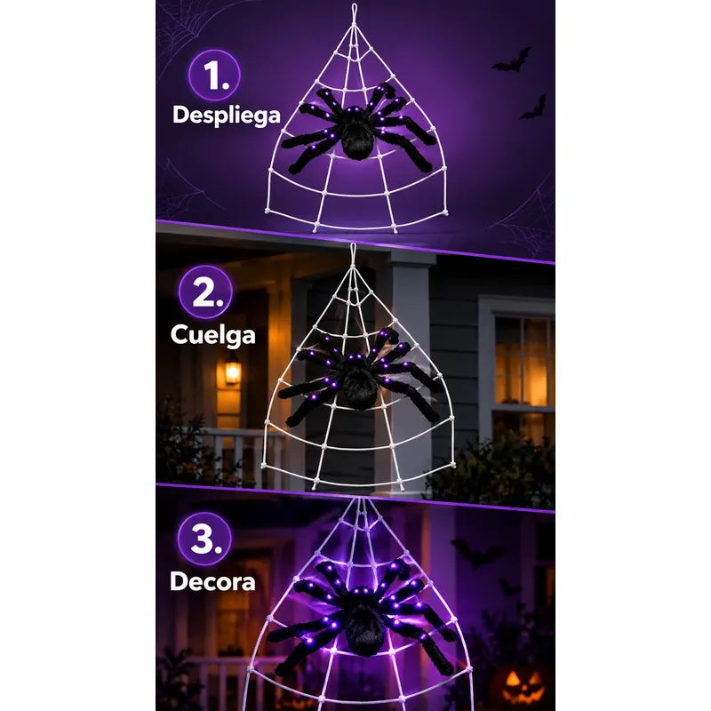 Tela Araña Gigante Con Araña Led Decoración Halloween