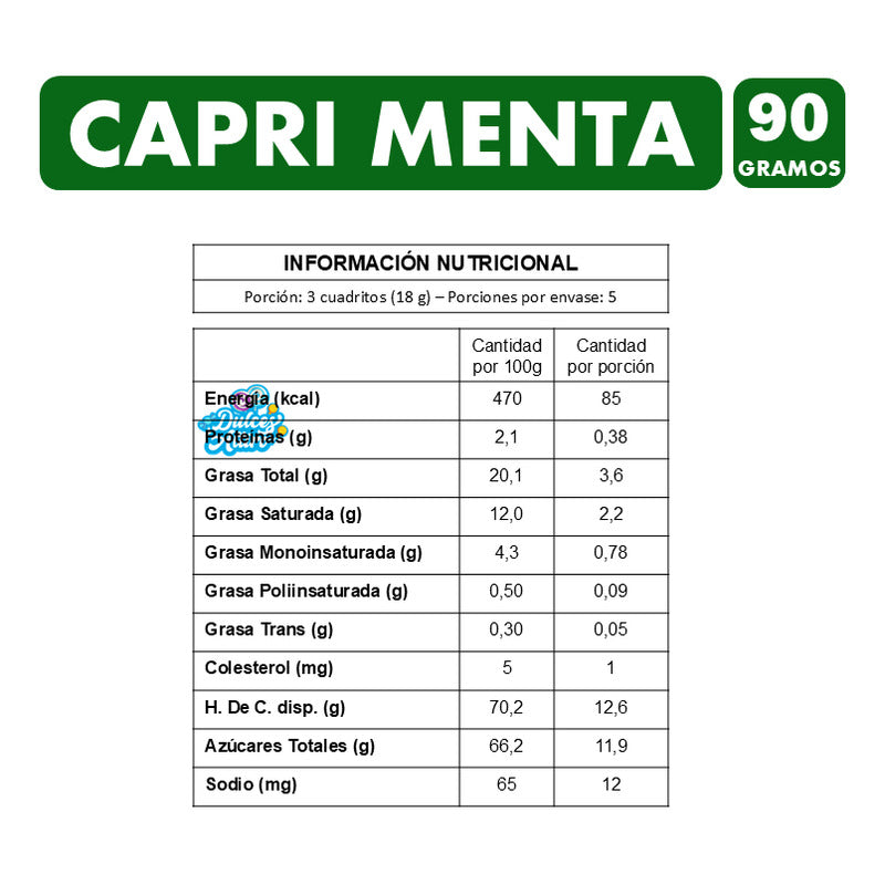 Capri Menta - Chocolate Con Relleno De Menta - Barra De 90gr