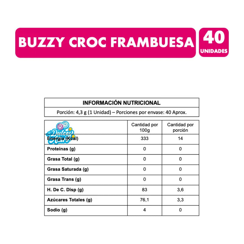 Chicles Buzzy Croc Rellenos Sabor Frambuesa Sin Gluten (40u)