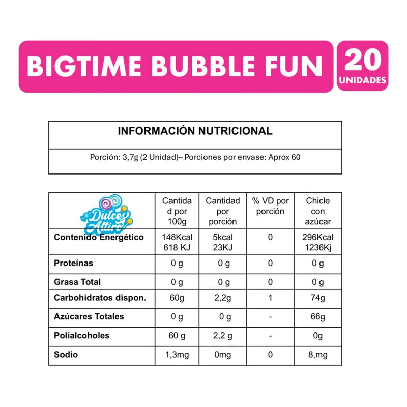 Chicle Bigtime Bubble Fun Tutti Frutti Sin Azúcar (20 Uni)