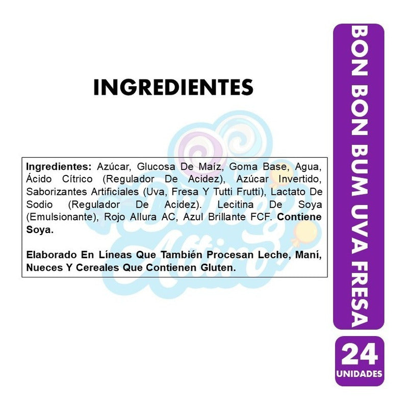 Caramelo Bon Bon Bum Uva Fresa (bolsa Con 24 Unidades)
