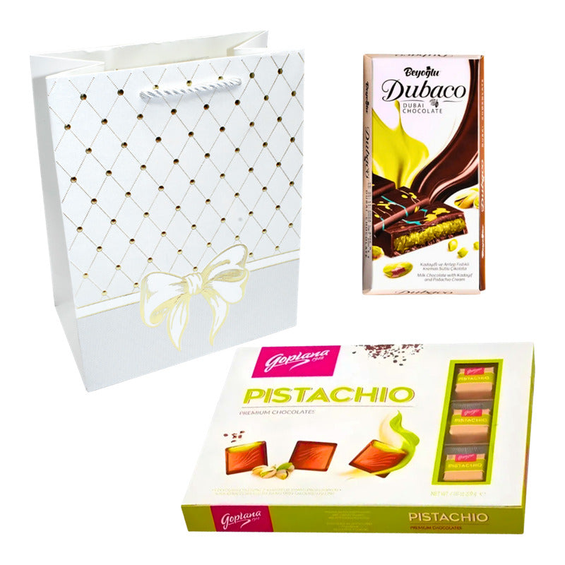Pack Bombones Pistacho Goplana + Chocolate Dubai + Bolsa