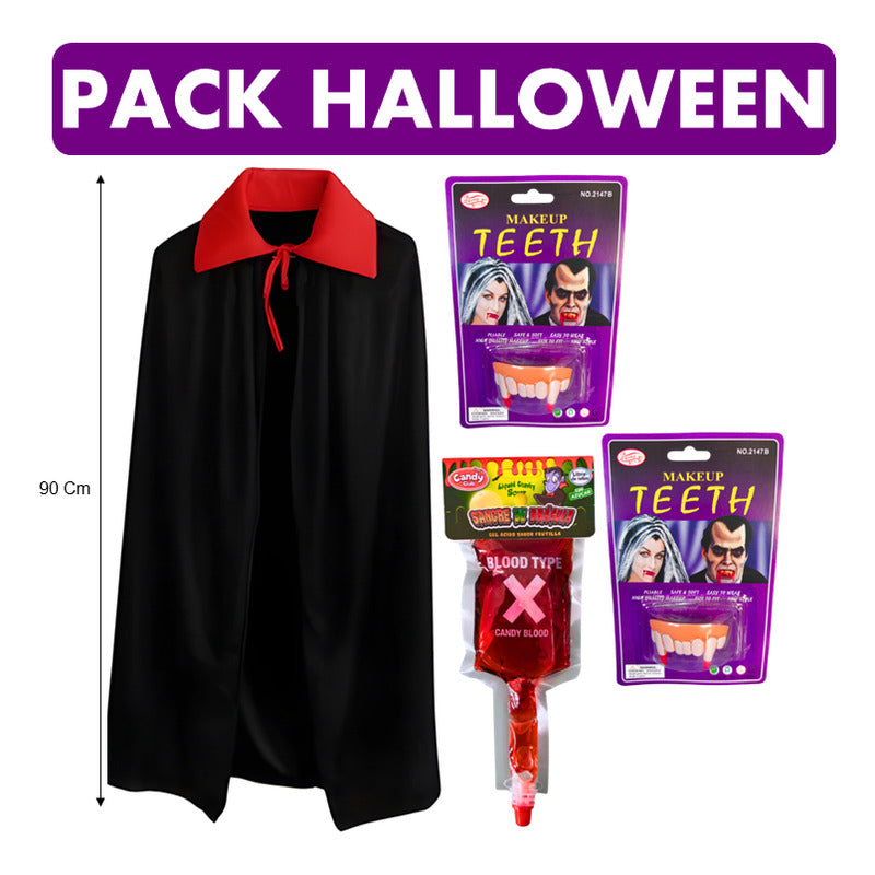 Pack Especial Halloween Capa Vampiro Niño+dientes+gel Sangre