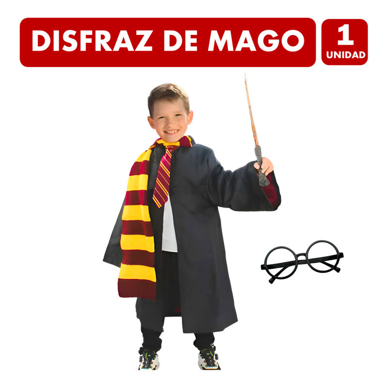 Disfraz Mago Rojo Con Lentes Y Varita Infantil Niño 5-6