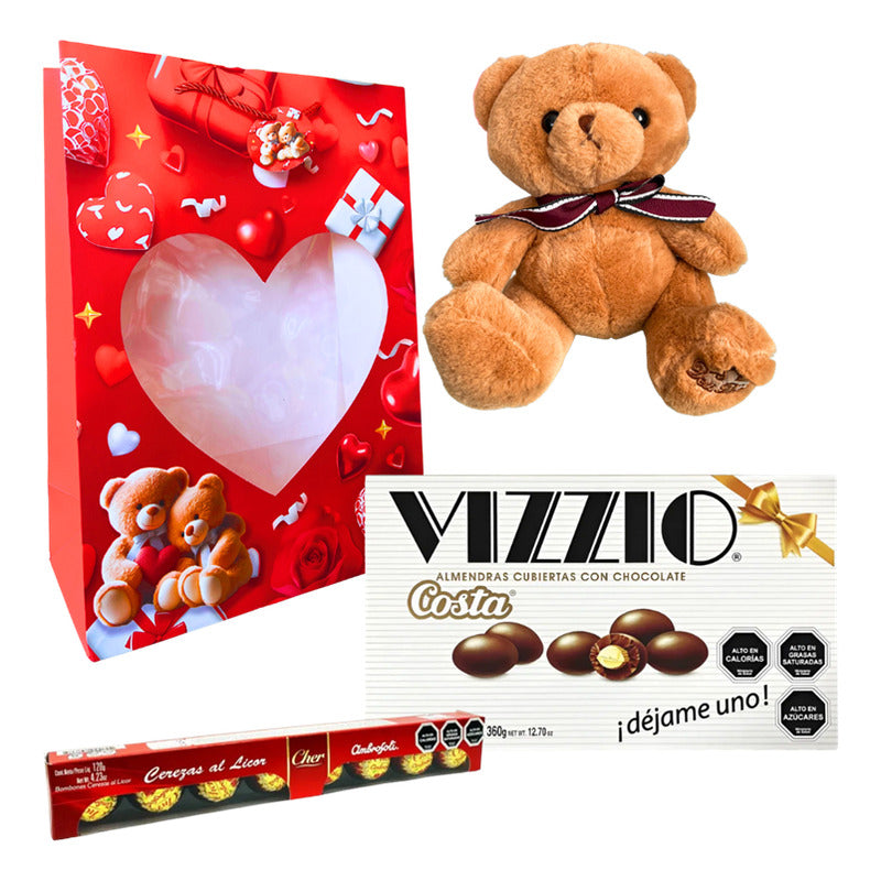 Pack Oso De Peluche + Vizzio + Cerezas Al Cognac + Bolsa