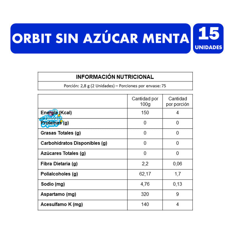 Chicles Orbit Sin Azúcar Sabor Menta (contiene 15 Unidades)