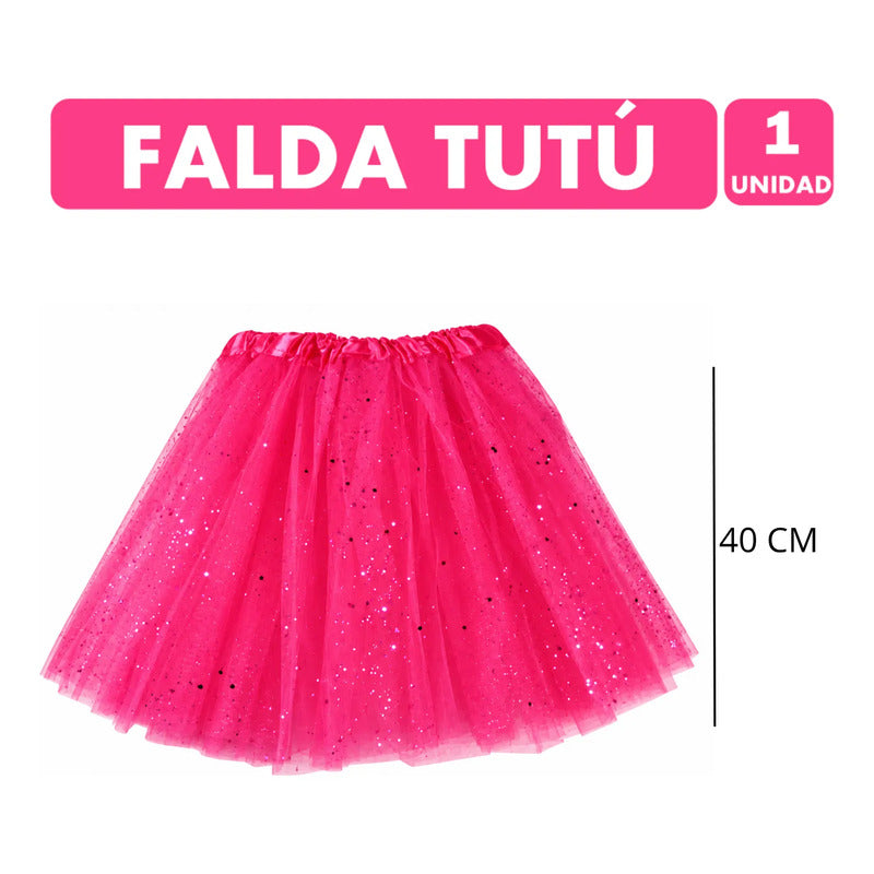 Falda Tutú Fucsia Con Brillitos Especial Halloween (40cm) Fucsia Brillos S-m