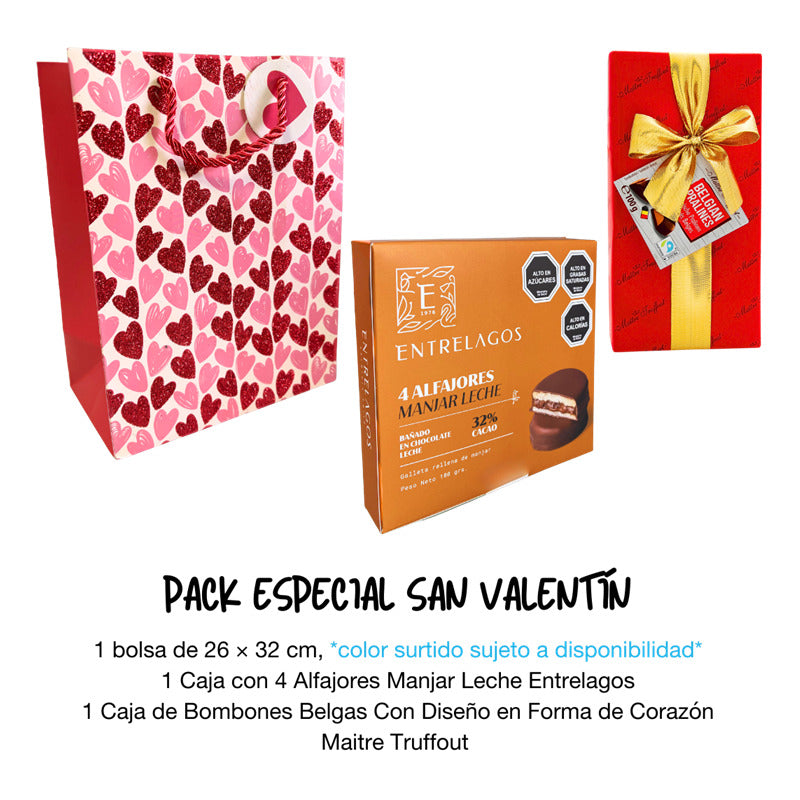 Pack Alfajor Manjar Entrelagos + Pralinés (caja Roja) +bolsa
