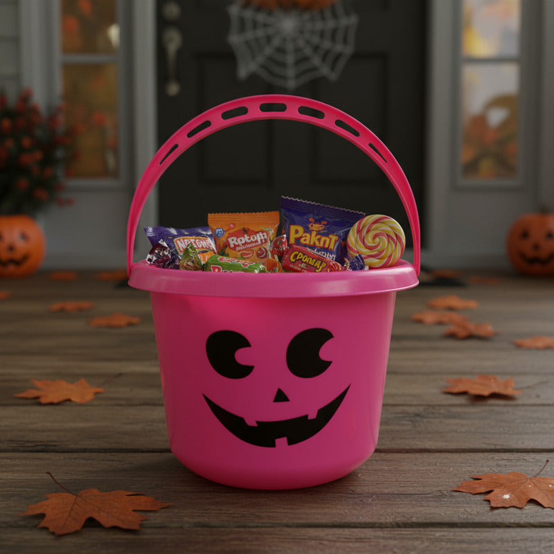 Balde Calabaza Recipiente Para Dulces Halloween Color Fucsia