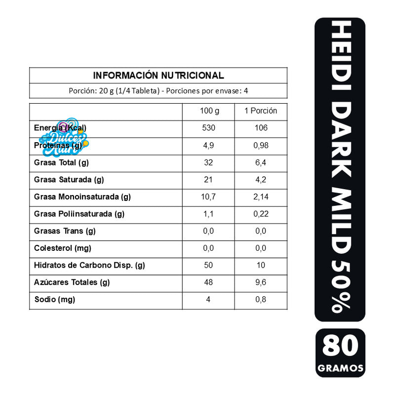 Chocolate Heidi Dark Mild 50% Cacao - Vegano (barra De 80gr)