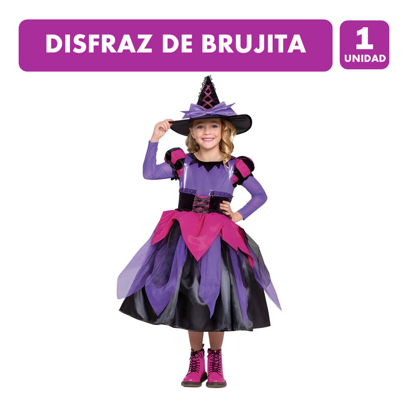 Disfraz Brujita Con Gorro Premium Para Halloween Talla 4-6 Violeta