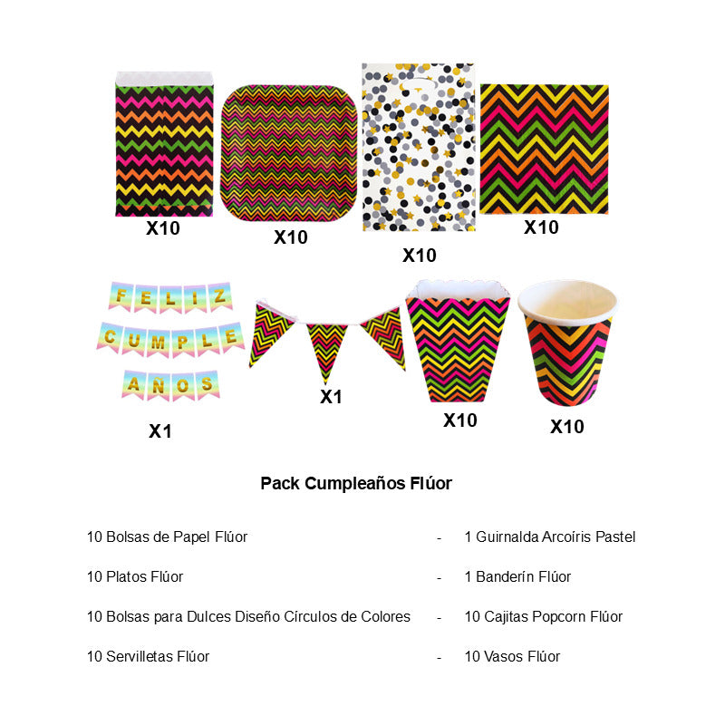 Pack Cumpleaños Color Flúor - Adornos Accesorios Decoración