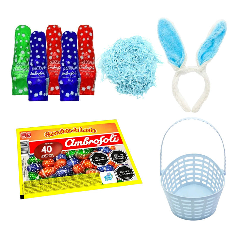 Pack De Conejitos Y Huevitos De Pascua + Canasta Y Orejas