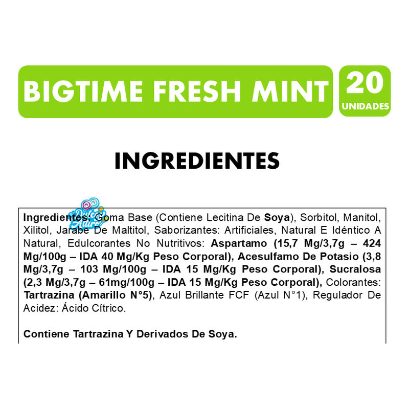Chicle Bigtime Fresh Mint - Menta Fresca Sin Azúcar (20 Uni)