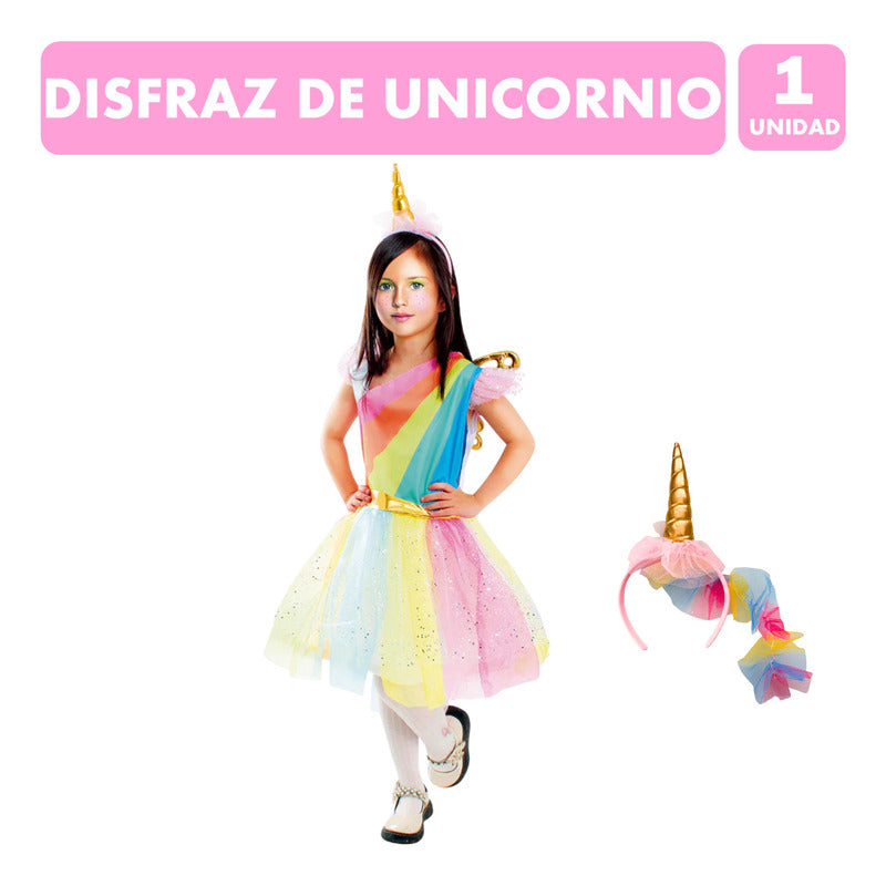 Disfraz De Unicornio Niña Vestido Con Alas Y Cintillo Multicolor 5-6