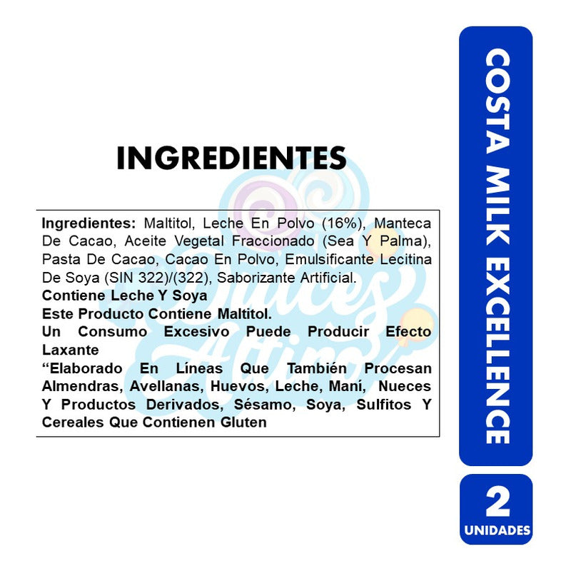 Chocolate Costa Milk Excellence, De Costa - Pack De 2 Barras