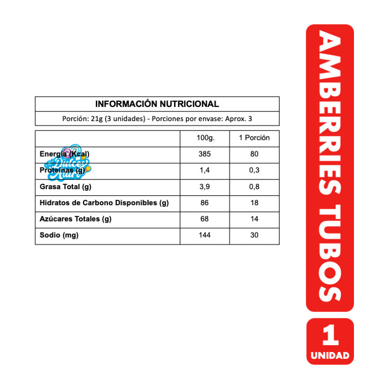 Amberries Tubos - Gomitas Rellenas Sabor Frutal (70 Gramos)