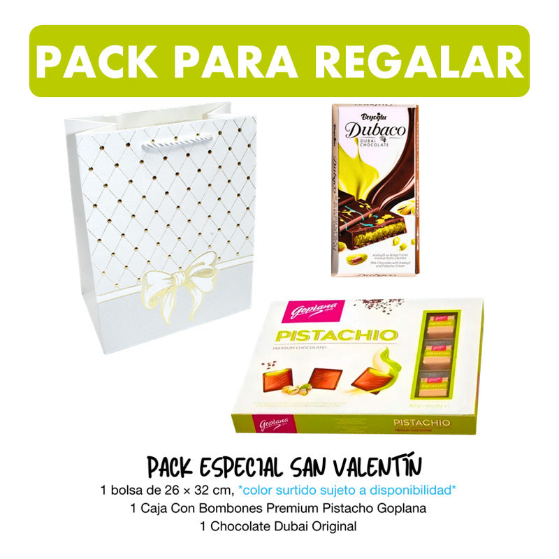 Pack Bombones Pistacho Goplana + Chocolate Dubai + Bolsa