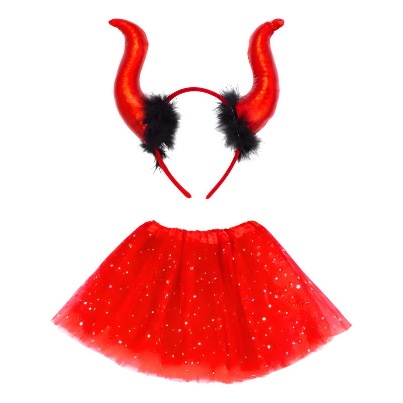 Falda Tutu Rojo Con Brillos Y Cachitos De Diabla Halloween Estándar