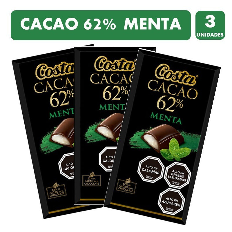 Chocolate Cacao 62%, Menta, De Costa - Pack De 3 Unidades.
