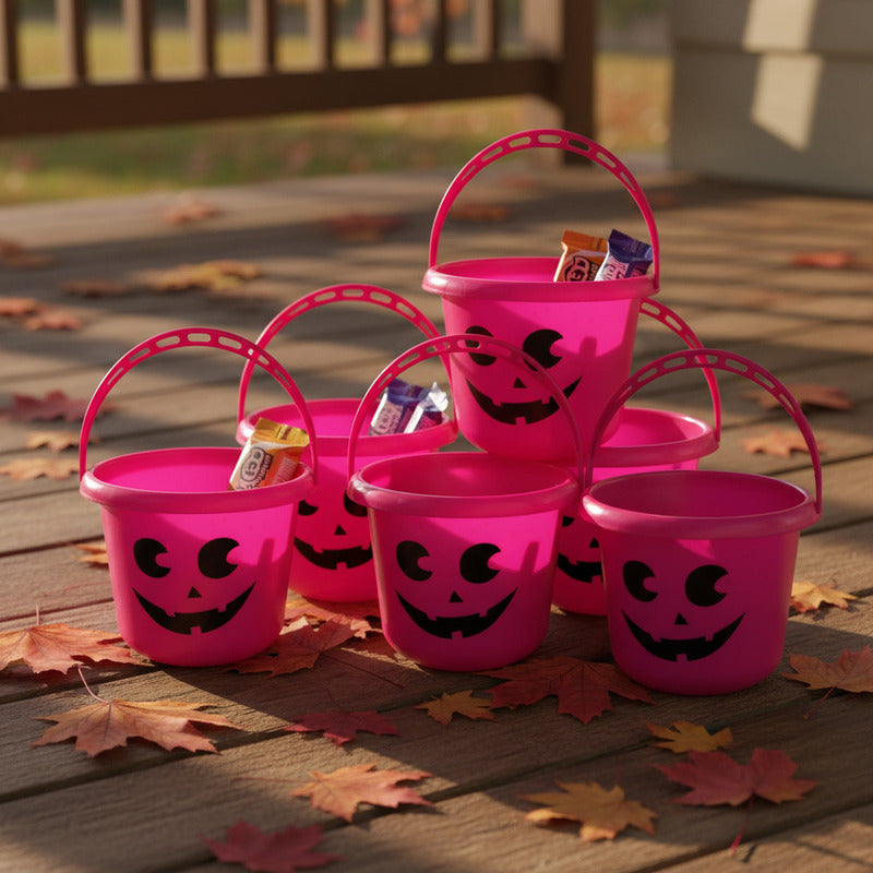 Balde Para Pedir Dulces Halloween Calabaza Fucsia Pack De 6u