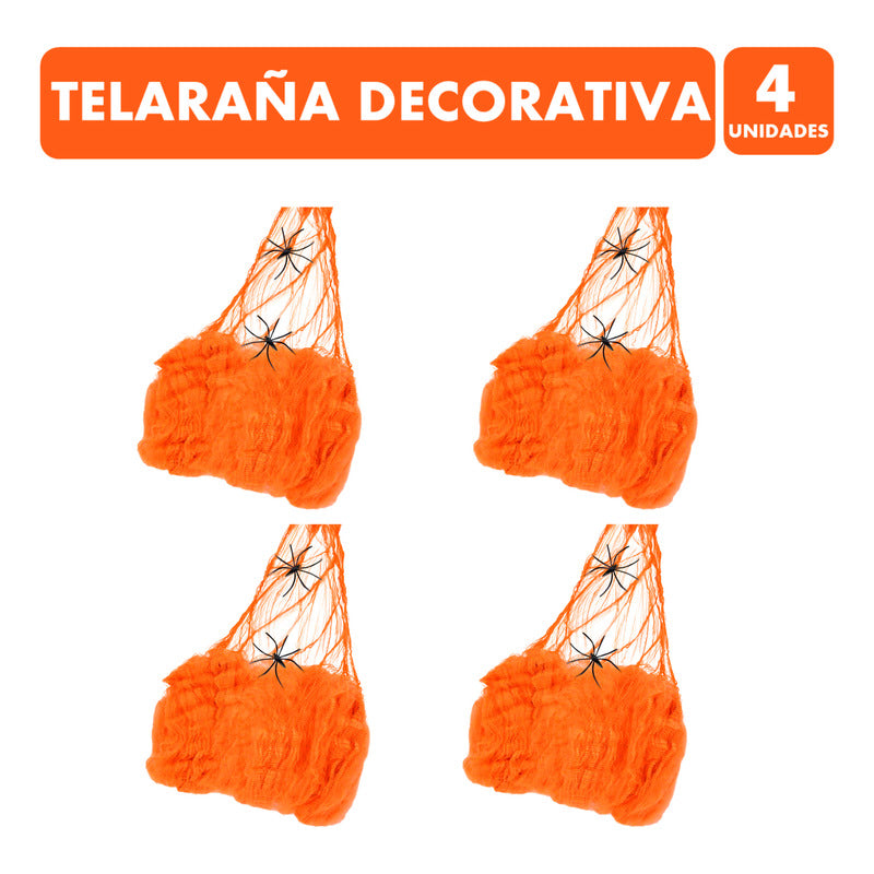 Pack Telaraña Halloween Decoración Color Naranja(4 Unidades)