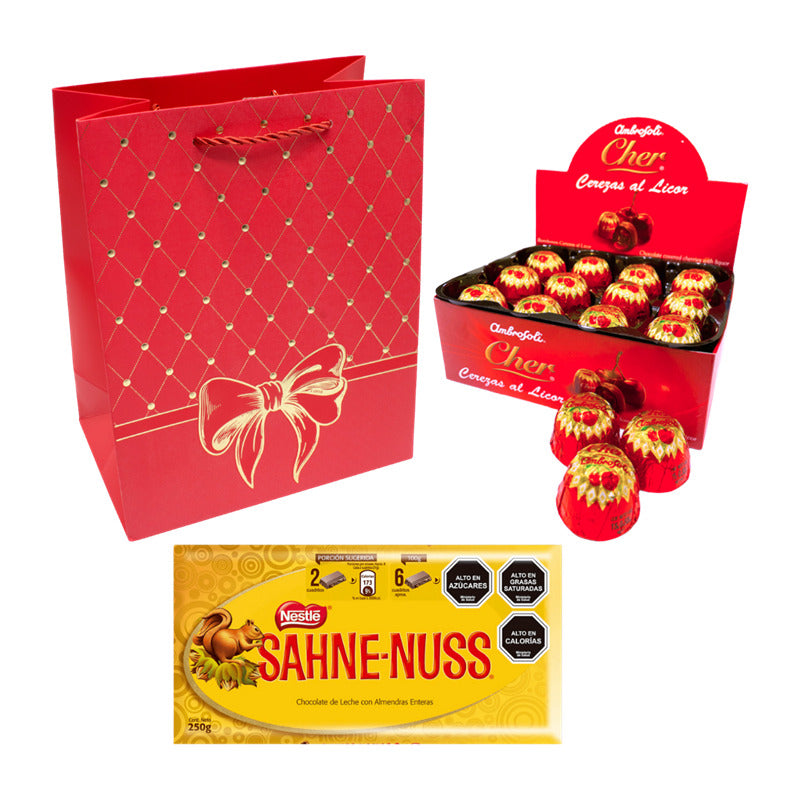 Pack Cerezas Al Cognac + Chocolate Sahne Nuss + Bolsa Regalo