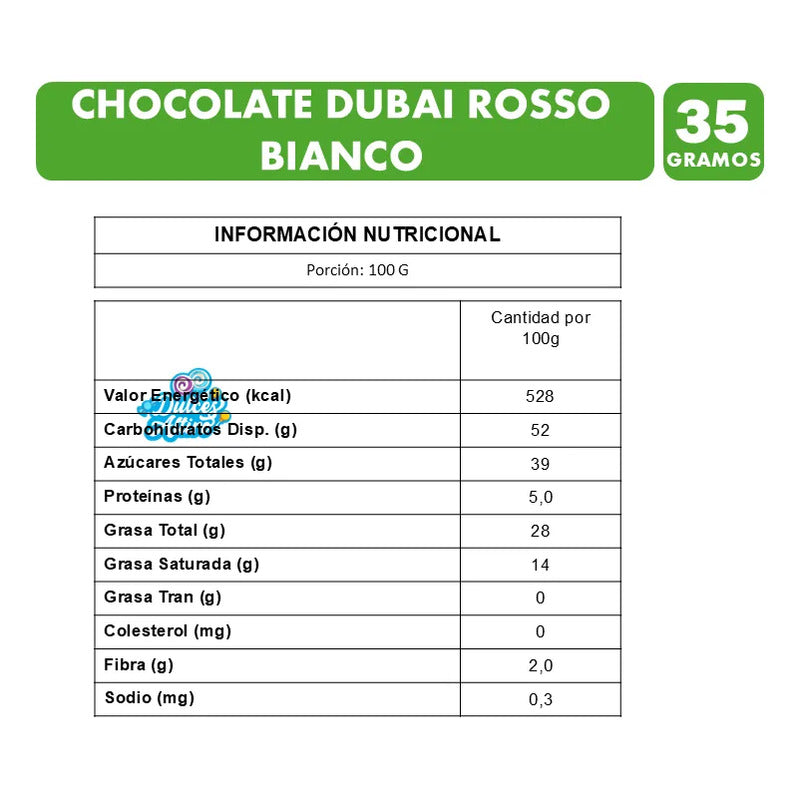 Chocolate Dubai Rosso Bianco De Pistacho (barra De 35 Gr)
