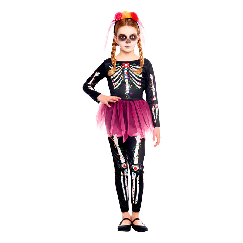 Disfraz Catrina Niña Traje Completo De Huesos Halloween Negro 10-12